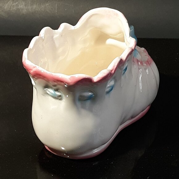 Vintage Lefton Blue Bow Baby Bootie Planter Shower Birth Christening - Picture 5 of 10